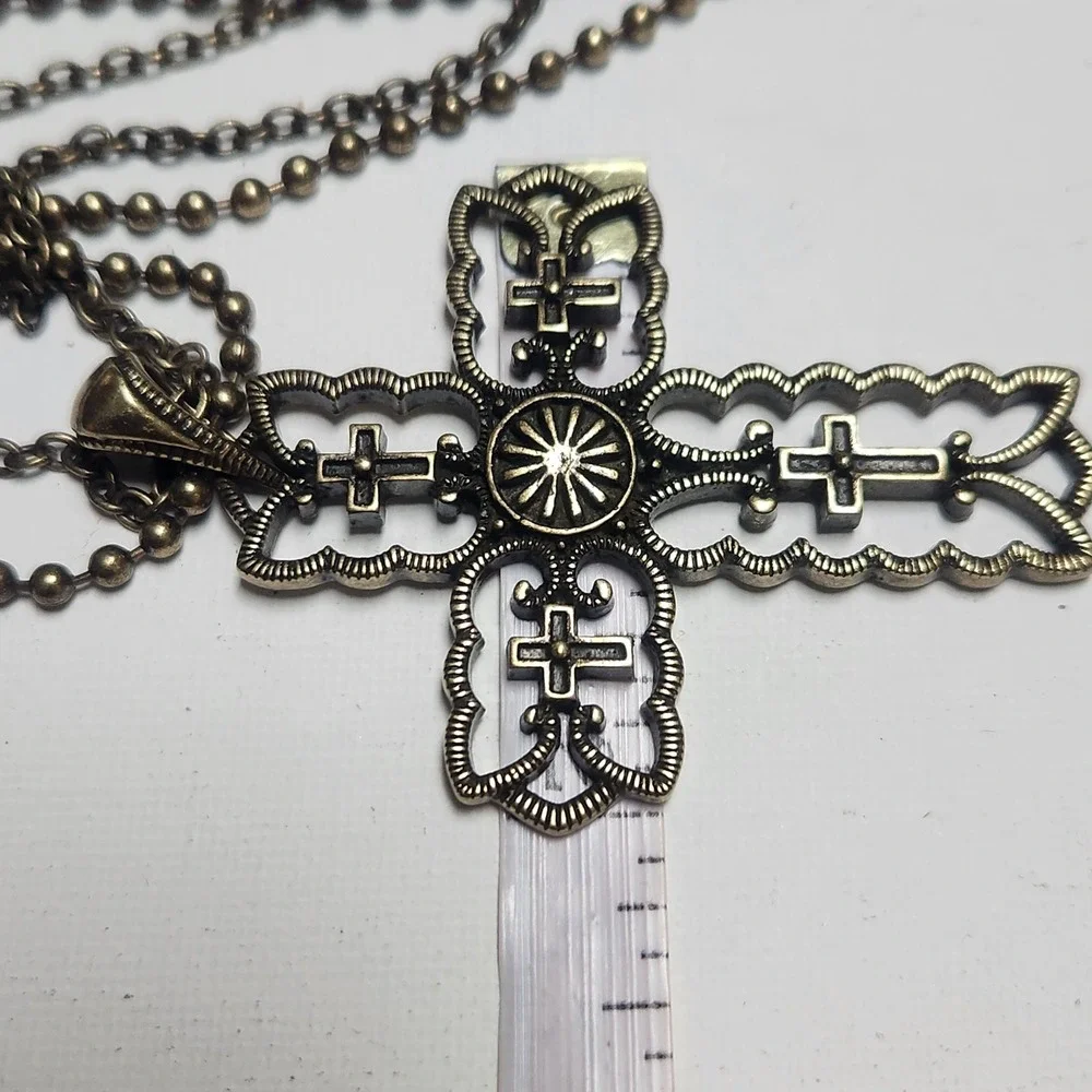 Ornate Bronze Filigree Cross Necklace and Green  acrylic Gold Tone Cross Pendant